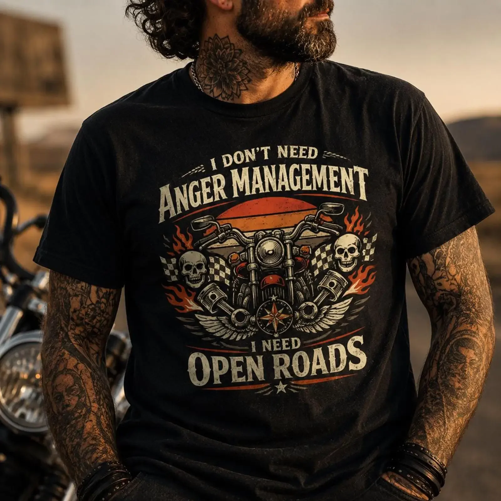Anger Management Open Roads T Shirt Funny Motorcycle Rider Vintage Biker for Men vintage Washed Soft streetwear Casual