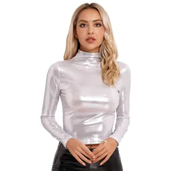 Women's Metallic Shirts Slim Fit Stand Up Collar Long Sleeve Wetlook Shirts Hip Hop Dance Party Crop Tops Music Festival Costume