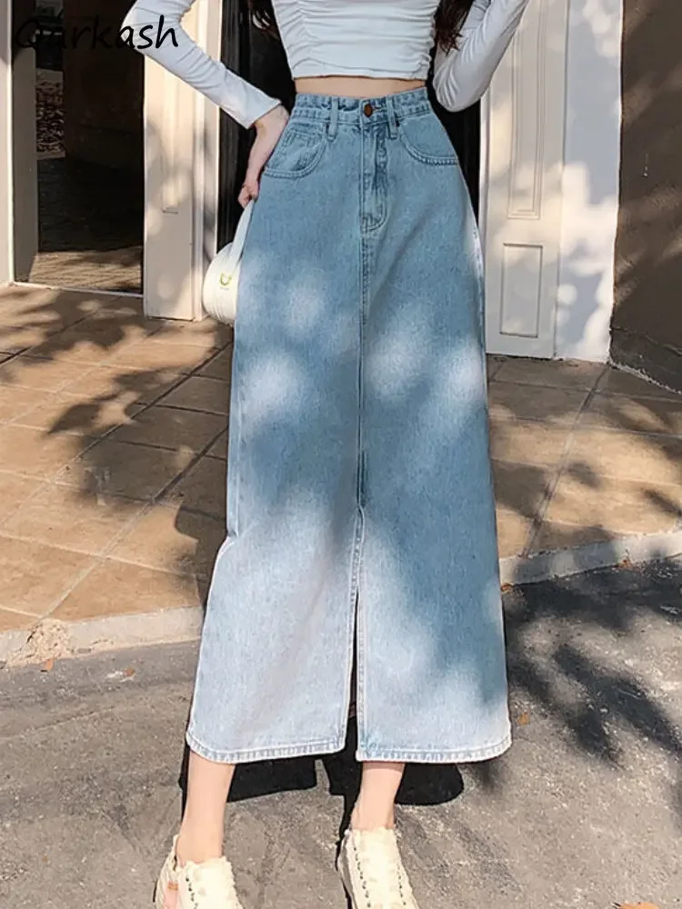 Denim Skirts Women Slit Midi-calf Solid Casual Baggy Streetwear Fashion Chic High Waist A-line Temper Korean Style Basic Spring