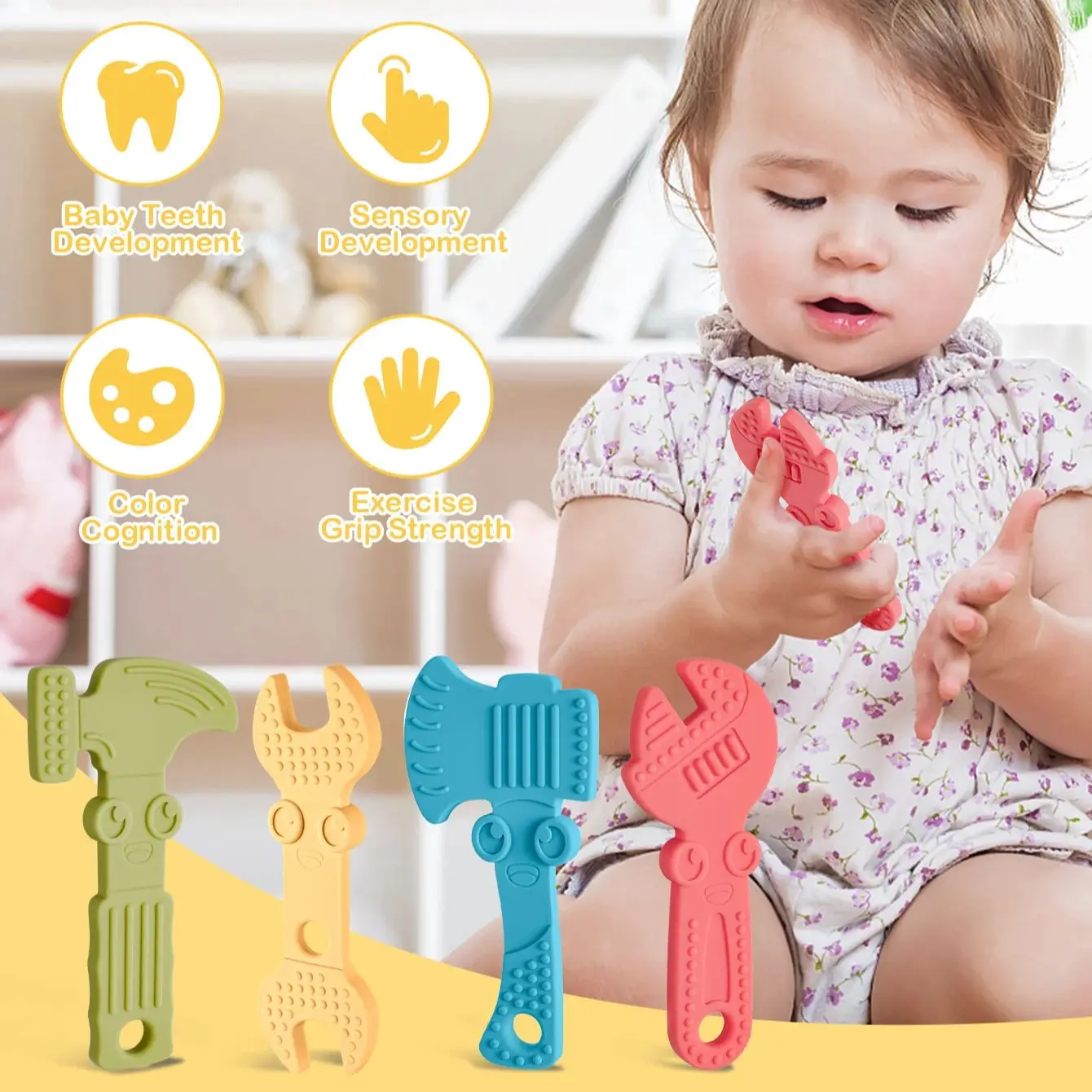 4pcs New Baby Silicone Teether BPA Free Wrench Tools Baby Necklace Pendant Silicone Teether Baby Teeth Care Chewing Toy