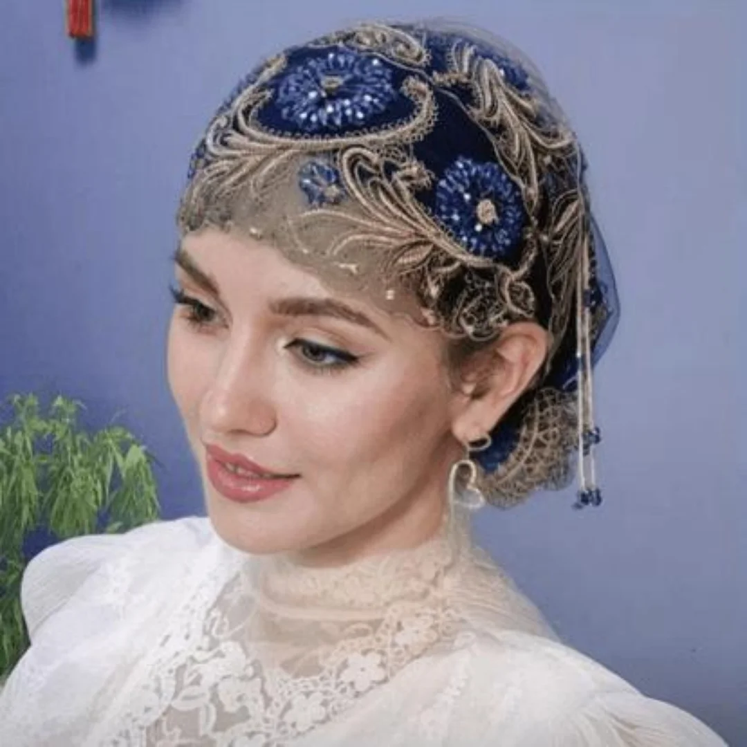 Turban Hat for Women Lace Rhinestone Muslim Hijab Beanie Cap Chic Floral Embroidery Headwrap Prayer Hat 2