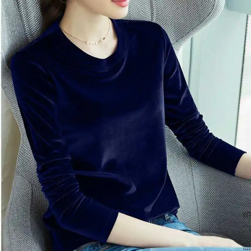 Spring Long Sleeve Loose Early Autumn T-shirt Women Gold Velvet Short Paragraph Bottoming Shirt New Fashion Top