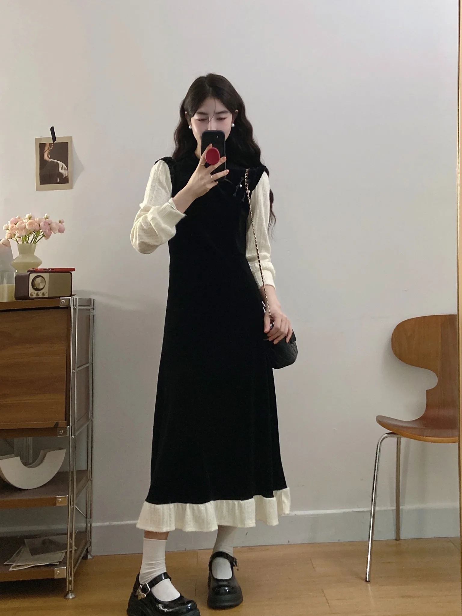 

Новое женское длинное платье больших размеров из бархата с пэчворком, осенне-зимнее, с завышенной талией, А-силуэт, в корейском стиле, для офиса и повседневной носки