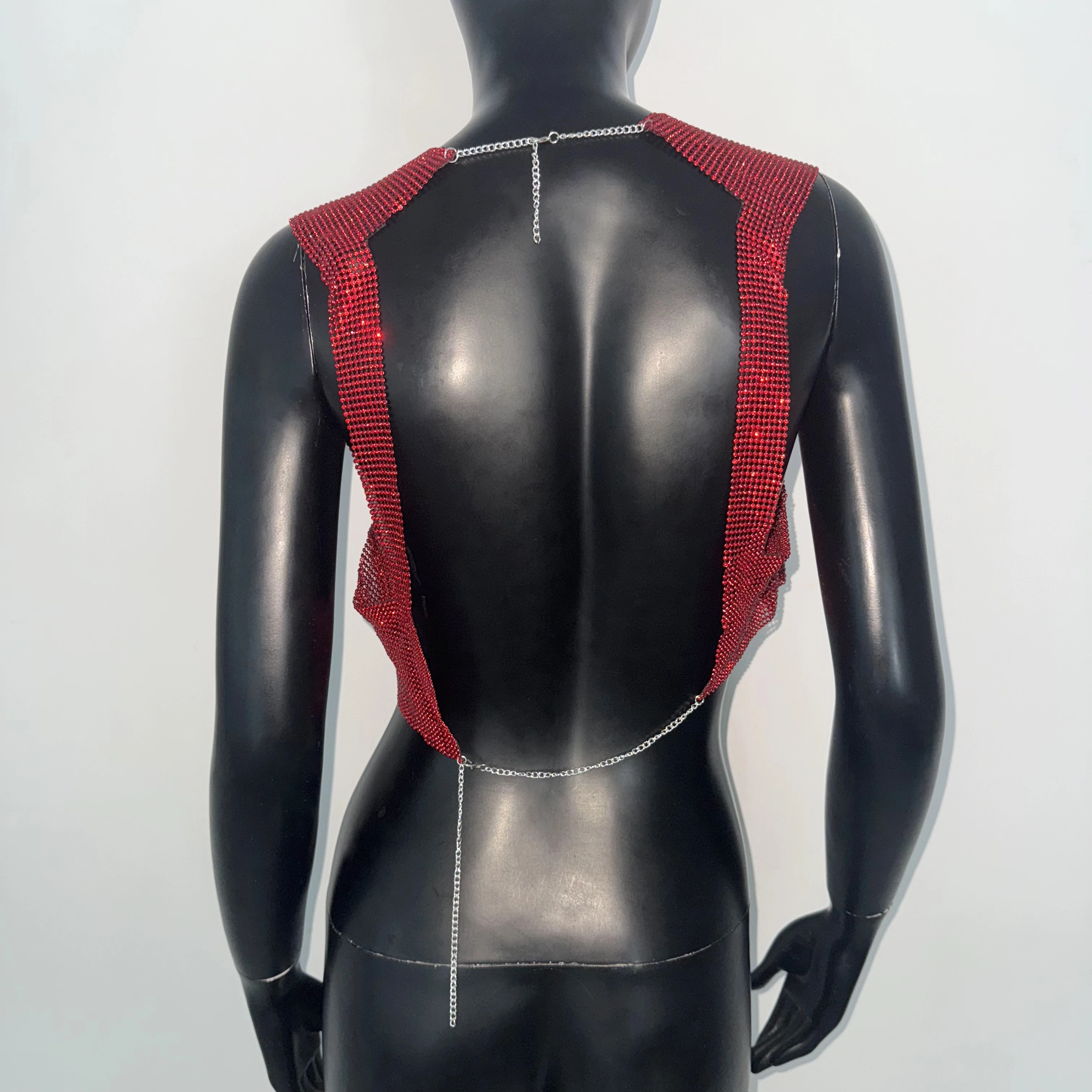 Red Shiny Rhinestone Women Tank Top Sexy Hollow Out Metal Sequins Backless Sleeveless Crop Top Rave Festival Party Camisole