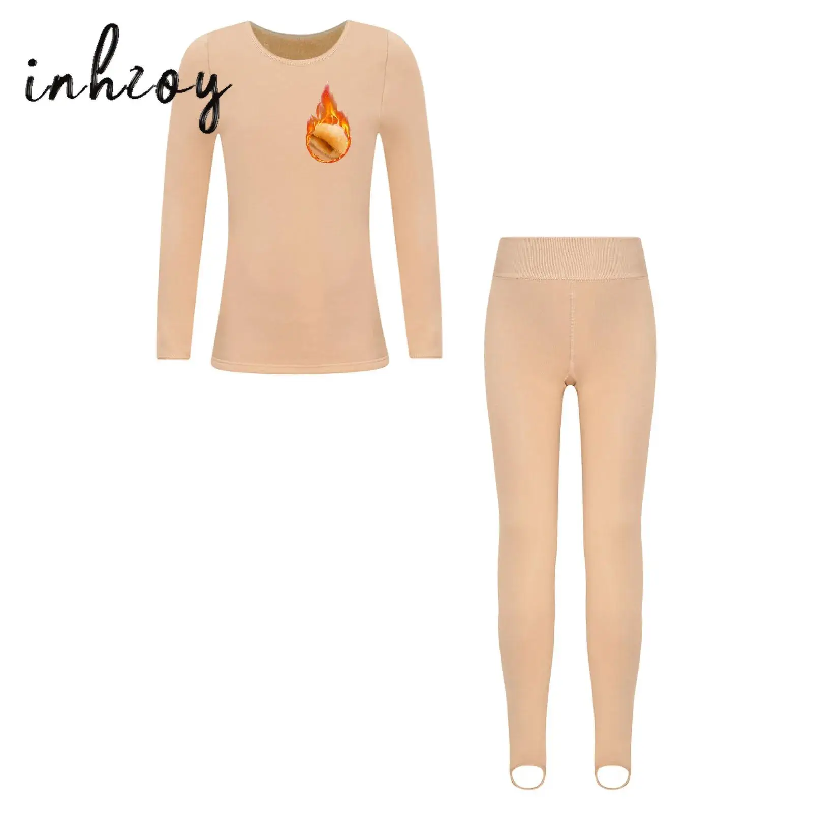 

Kids Girls Thermal Underwear Set Solid Color Long Sleeve Fleece-Lined Tops+Leggings Set for Ballet Gymnastics Training Dancewear