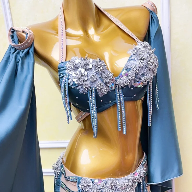 Costume de compétition professionnelle de danse du ventre orientale pour femmes, soutien-gorge + jupe + manches, 3 pièces, vêtements de Performance de danse du ventre pour adultes