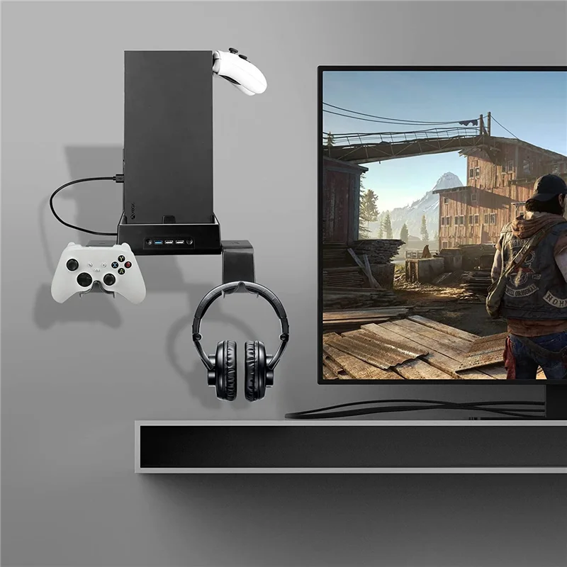 حامل جداري لجهاز Xbox Series X مع مروحة تبريد و3 منافذ USB وحامل وحدة تحكم في الألعاب وحامل سماعة الرأس وحامل رف جداري ST
