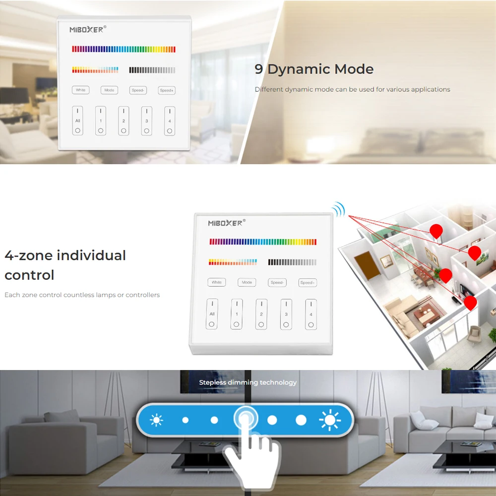 Miboxer  B4 2.4GHz Smart 4-Zone 86Touch Panel Adjust Brightness Timable Switch RGB+CCT For Led Controller Panel Light Bulb