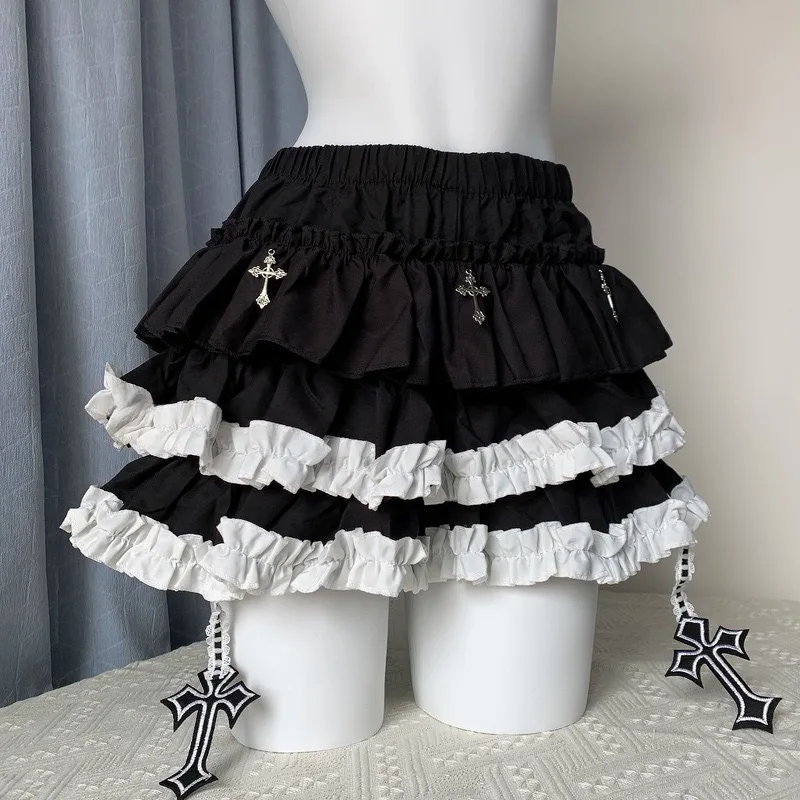 Sumyee Dark Punk Style Spicy Girl Y2K Cross Cake Skirt Slimming Fluffy Pants Lolita Half Skirt Loose Fit Summer Polyester