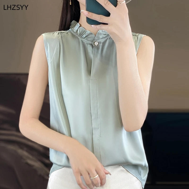 LHZSYY Women\'s Spring Summer New Fashion Vest Inside Fungus Collar Sleeveless Shirts Silk Satin Bottom Blouse Joker Thin Tops