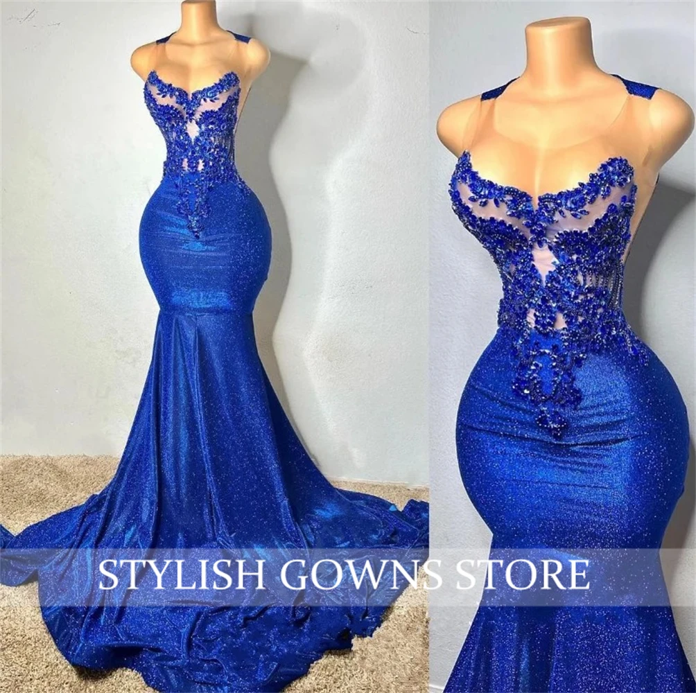 Royal Blue Long Prom Dresses For Black Girls Bead Crystal Rhinestone 2024 Birthday Luxury Dress Appliques Evening Customized