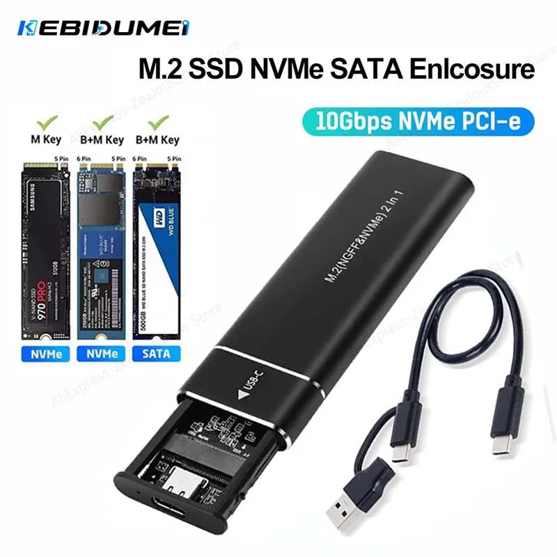 Case para SSD KEBIDUMEI M2, Enclosure M.2 NVMe SATA com Adaptador USB 3.1 Tipo C de 10Gbps, Suporta Protocolos M e B&M