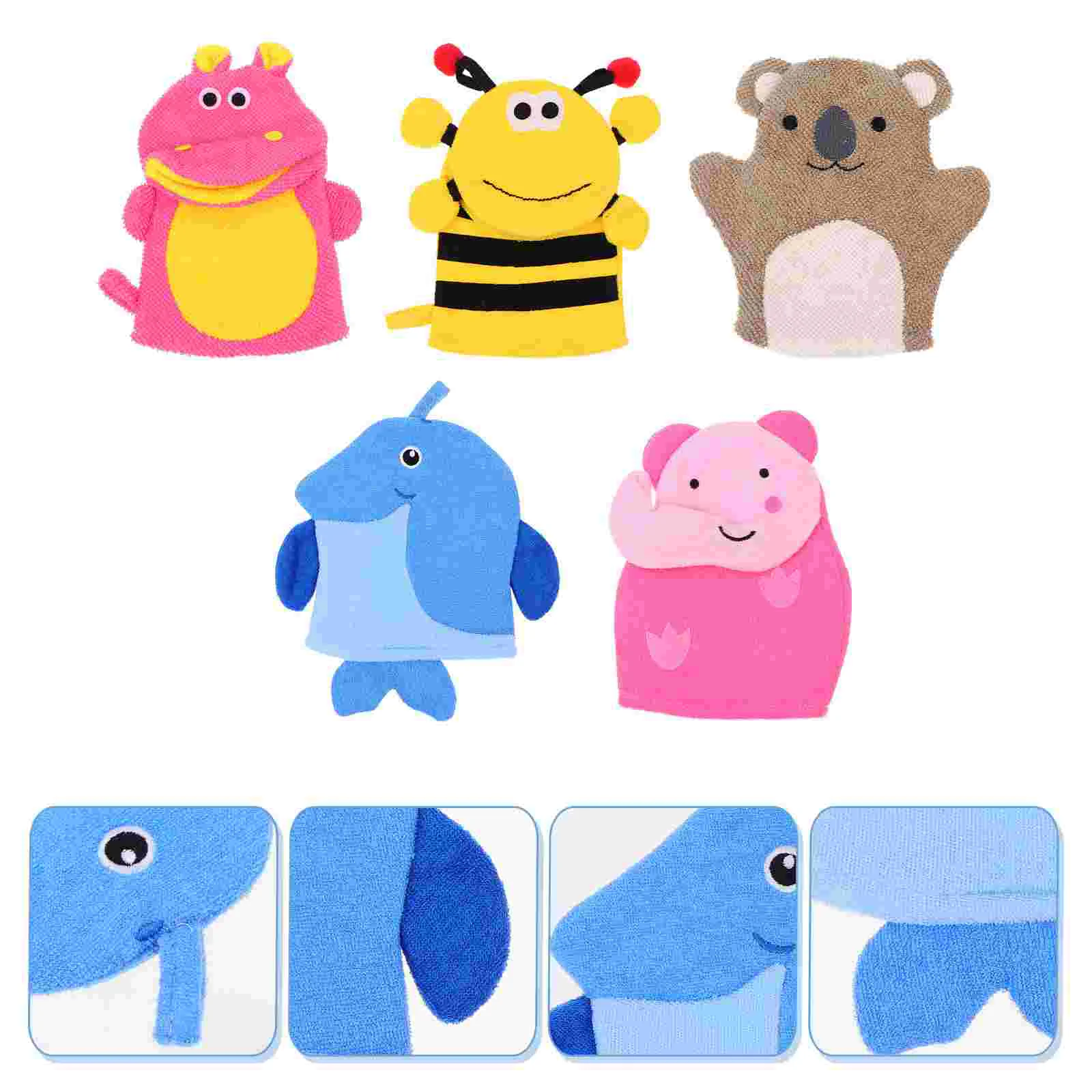 

5 Pcs Animal Bath Towel Gloves Cartoon Kids Wash Scrubber Mitts Sponge Polyester Fiber Dual-purpose Baby