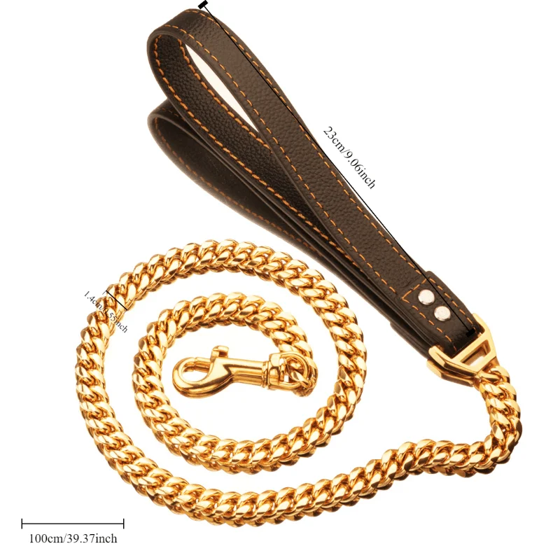 

Black Leather Handle For 14mm Gold Stainless Steel Cuban Chain Pet Dog Leash For Dog Walking And Training