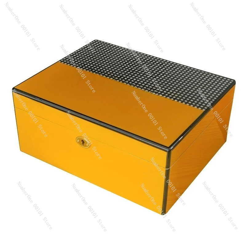 Luxury Yellow Piano Lacquer Cedar Wood Cigar Humidor Box 60 Count Capacity Moisture Control Storage Case Spanish Cedar Lining