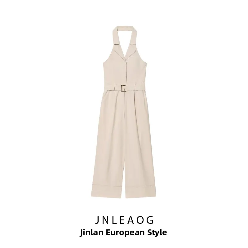 

JNLEAOG Spring New Women's Faion Design Long One-Piece Suit Linen Collar Hanging Neline High Waist Straight Leg Pants