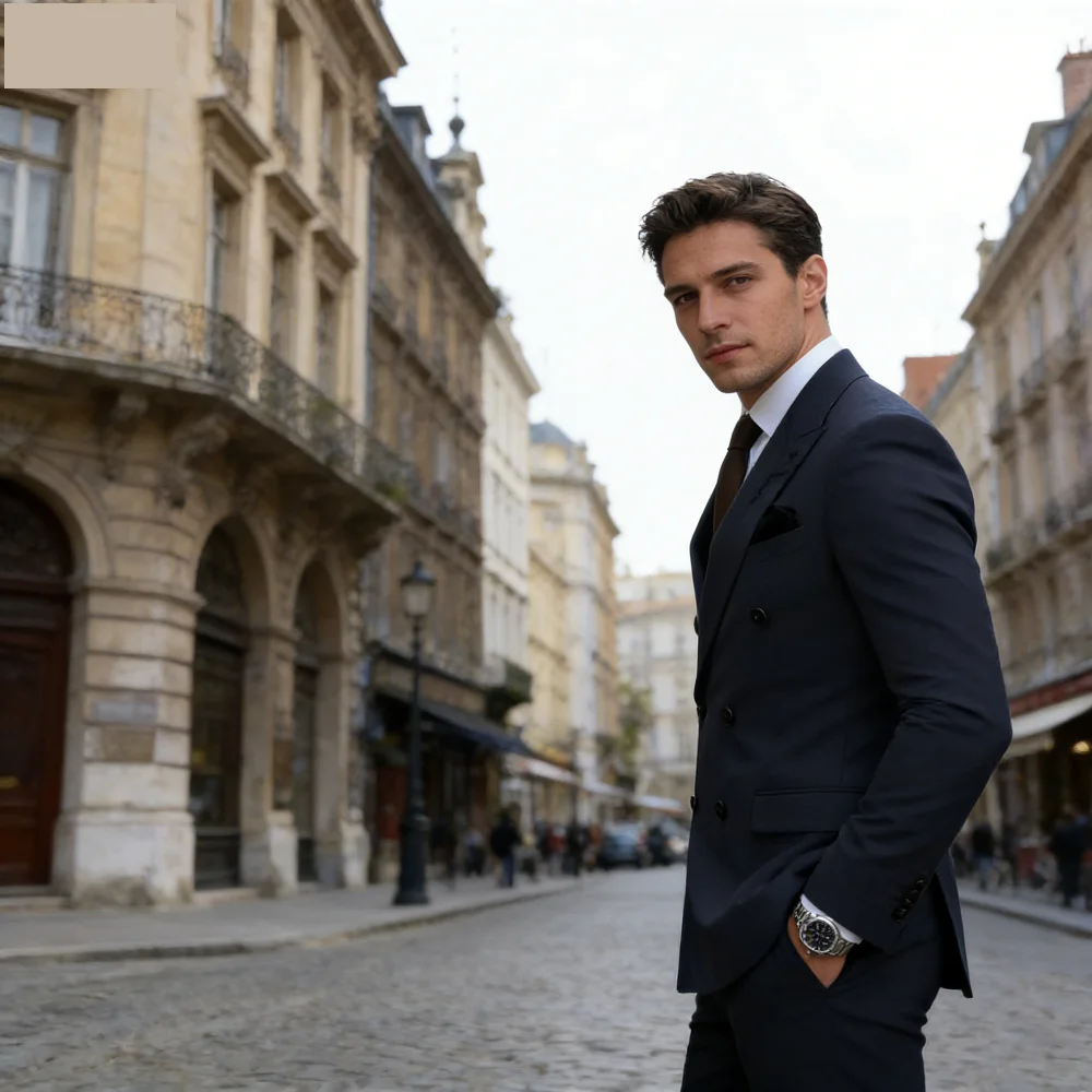 

Элегантный коричневый мужской костюм-двойка приталенного кроя: модный и стильный вариант для свадьбы и деловых встреч