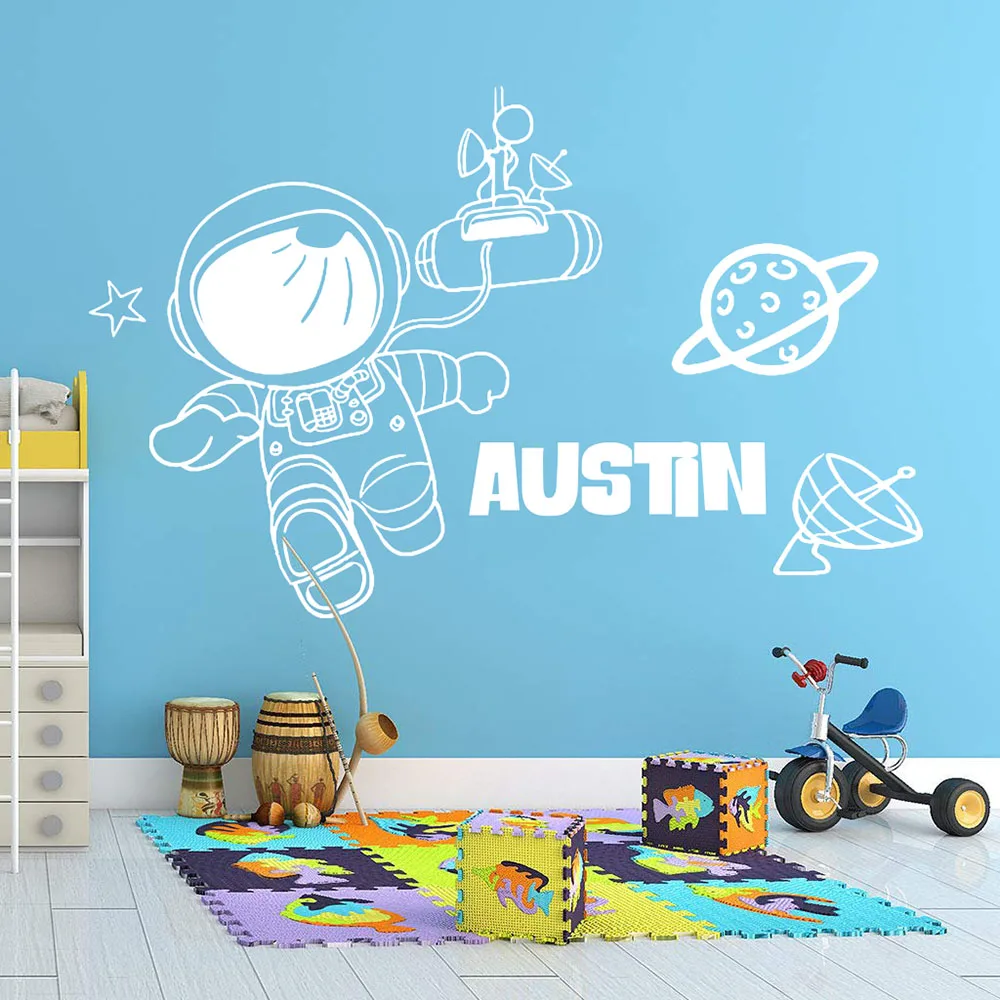 Cartoon Custom Name Astronaut Space Wall Sticker Nursery Kids Room Personalized Space Satellite Wall Decal Playroom Vinyl Decor