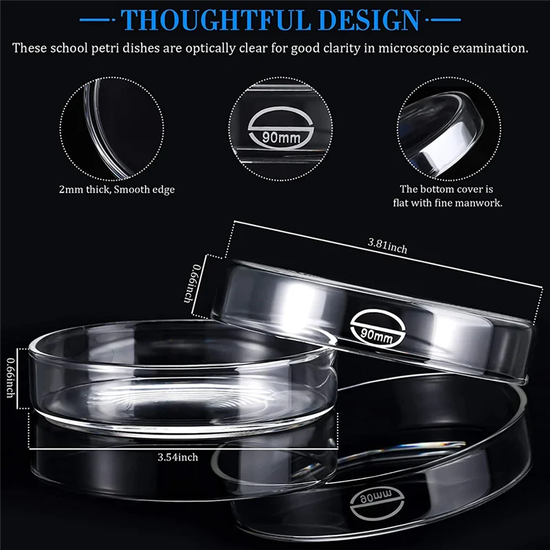 El nuevo juego de platos de vidrio, platos de laboratorio de borosilicato, platos de cultivo de tejidos transparentes con tapa (10 piezas, 90 x 20 mm)