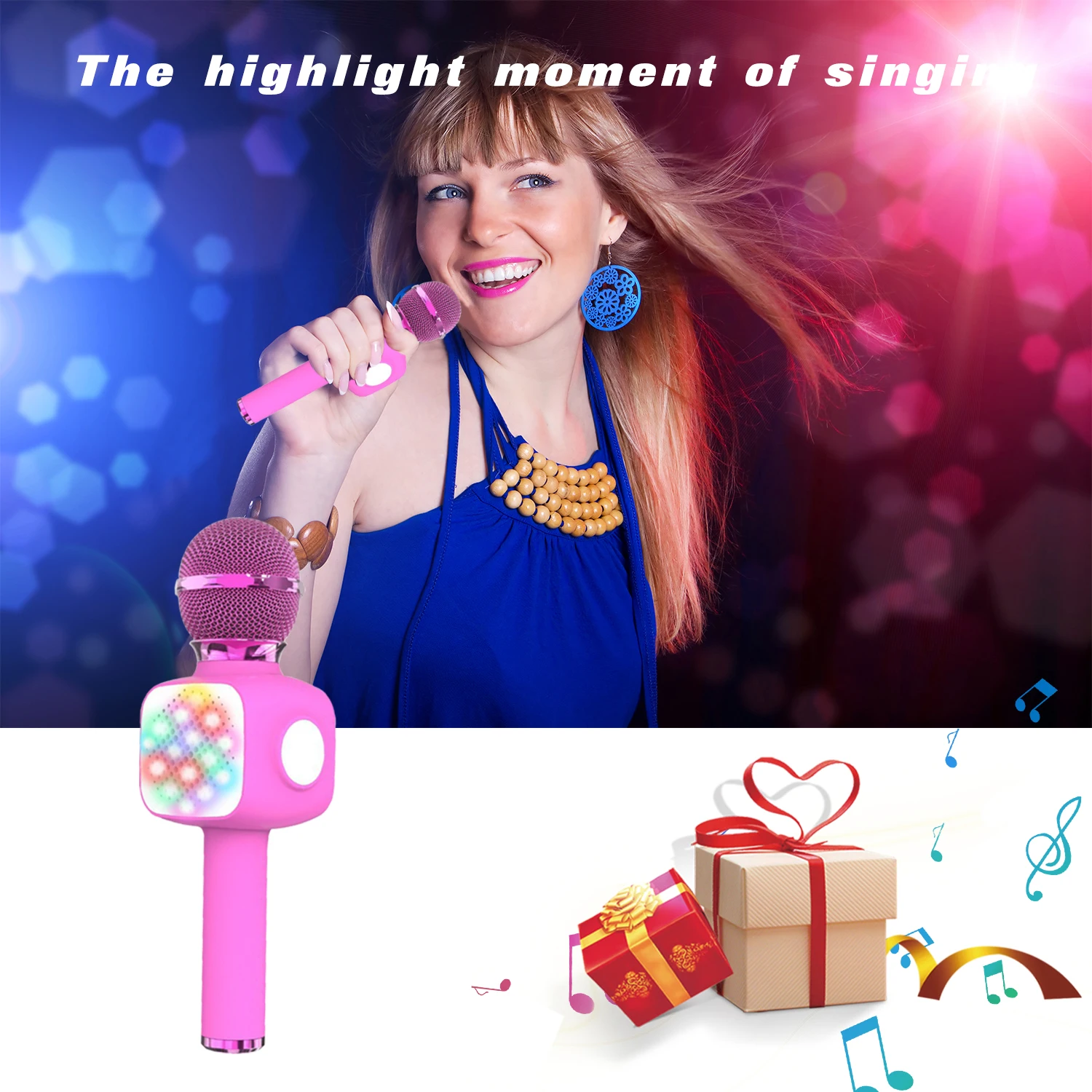 Bluetooth Wireless Karaoke Microphone with LED Lights,4-in-1 Portable Handheld Mic for Singing Home Party Birthday Gift for Kids