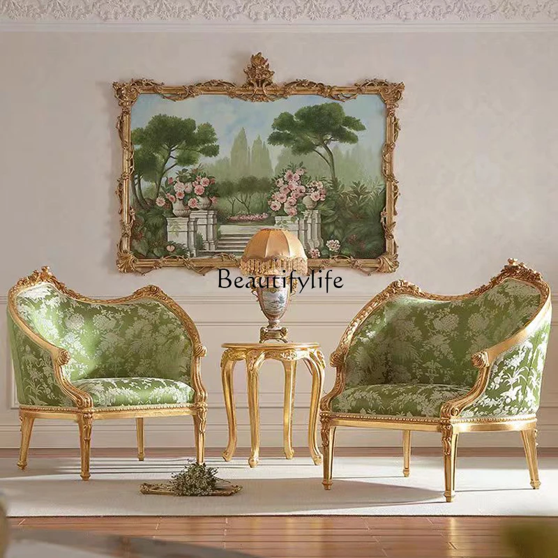 *French Retro Solid Wood Carving Flower Sofa Chair European Villa Living Room Fabric Leisure Chair