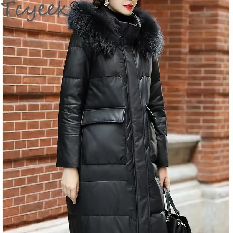 Tcyeek Genuine Leather Down Jacket Winter Jackets for Women Warm Raccoon Fur Collar Mid-length Sheepskin Coat Womens Clothing