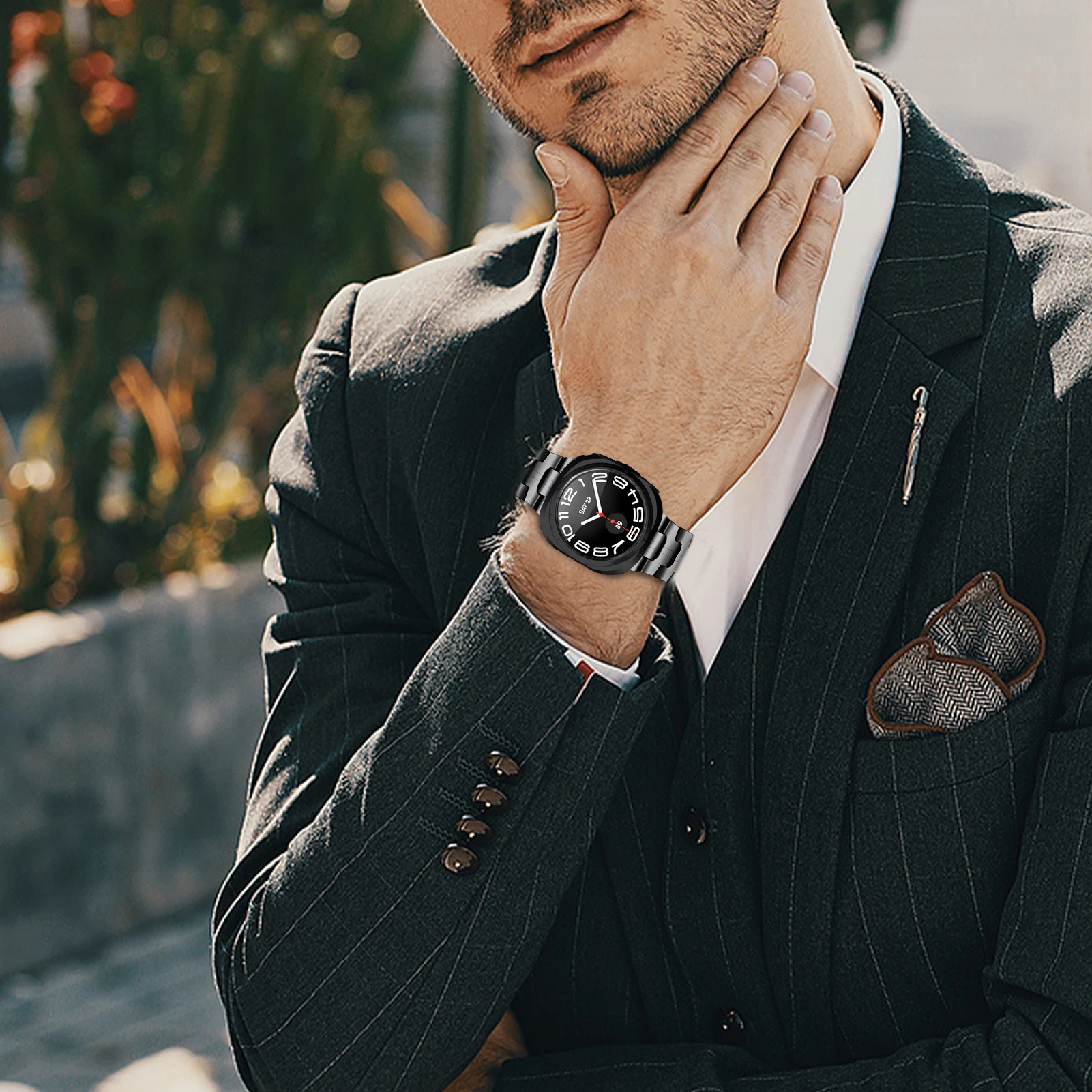 أربطة معدنية لساعة سامسونج جالاكسي 8 40 ملم/44 ملم/كلاسيك 46 ملم (2025) ساعة جالاكسي 8 سوار معصم بديل معدني سلس للرجال والنساء