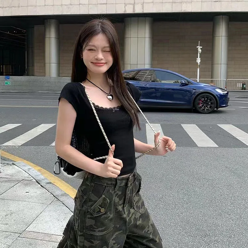 Y2k Lace Patchwork Crop T-shirt Women Vintage Streetwear Sexy Slim U Neck Tops Female Harajuku Korean Bow Chic Bottoming Tees image 6