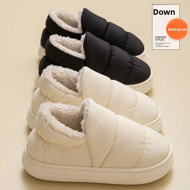 

Men's down Cotton Slippers Winter Waterproof Warm Thick Bottom Couples Platform Indoor Home Fleece Lined Cotton Shoes Women O...