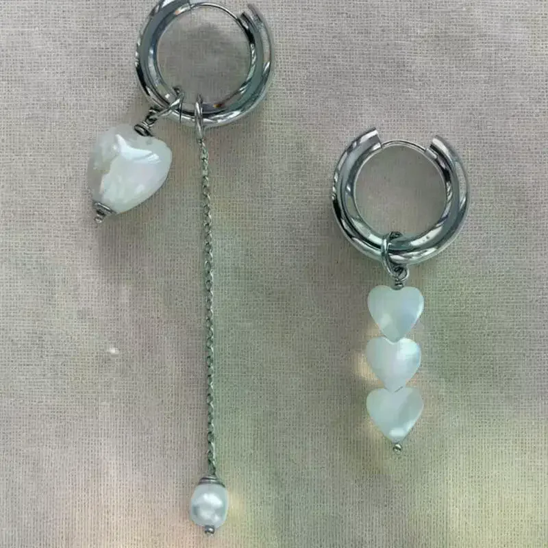 /HTF/New Trendy Geometric Stereo Heart-Shaped Earrings For Women Asymmetrical Imitation Pearl Earrings Punk Jewelry Retro
