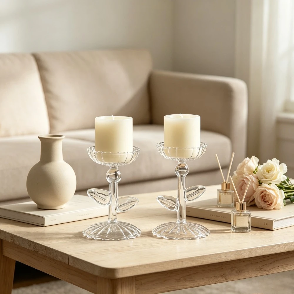 Creative Plant Leaf Design Clear Glass Candlestick Holder Elegant Desktop Candle Stand for Dining Table Living Room Decoration