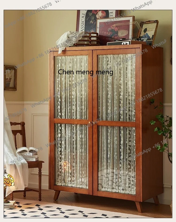 X  Retro solid wood wardrobe glass double door, free combination storage cabinet for home use