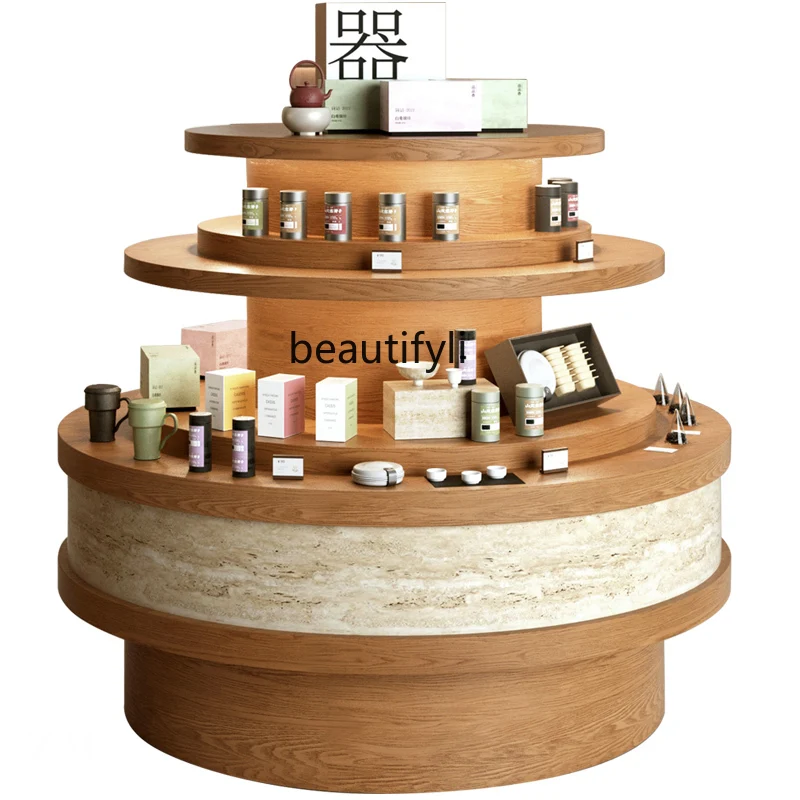 

Round multi-layer mid-island platform with light tea shop display stand tea bird's nest supplement display cabinet