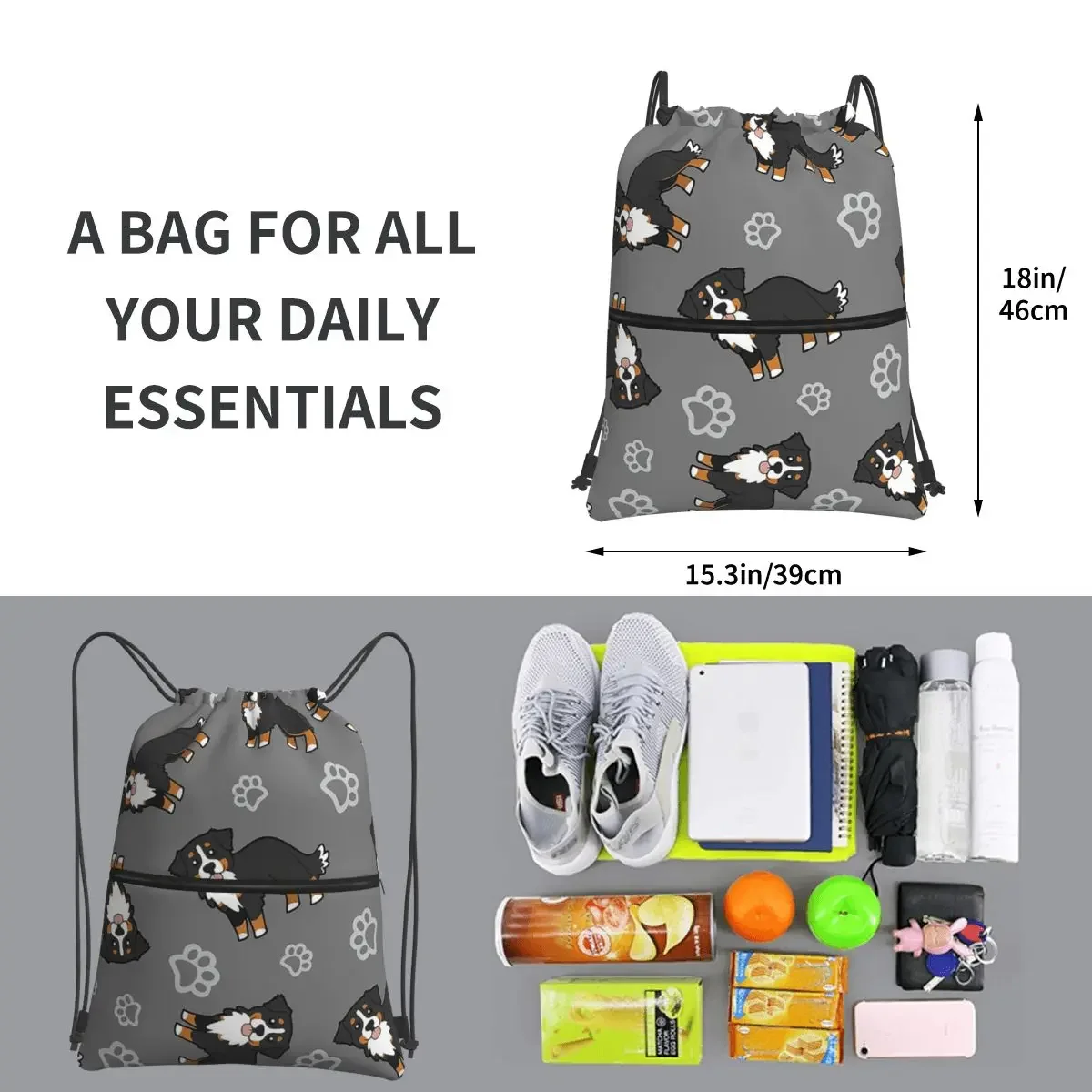 Bernese Mountain Dog Portable Backpacks Drawstring Bag Fashion Drawstring Bundle Pocket Shoes Bags For School Students