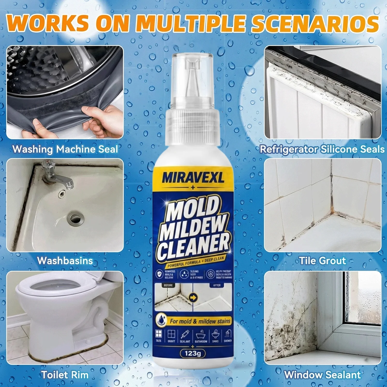 MIRAVEXL 123g Mold Mildew Remover Gel Deep Stain for Wall Tile Grout Silicone Sealant Kitchen Bathroom with Detail Brush