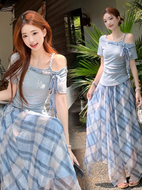

plus Size Loose Fashionable Short Sleeve T-Shirt And Plaid Skirt Set Women's Gentle Wind Swing Collar High End Feeling O...