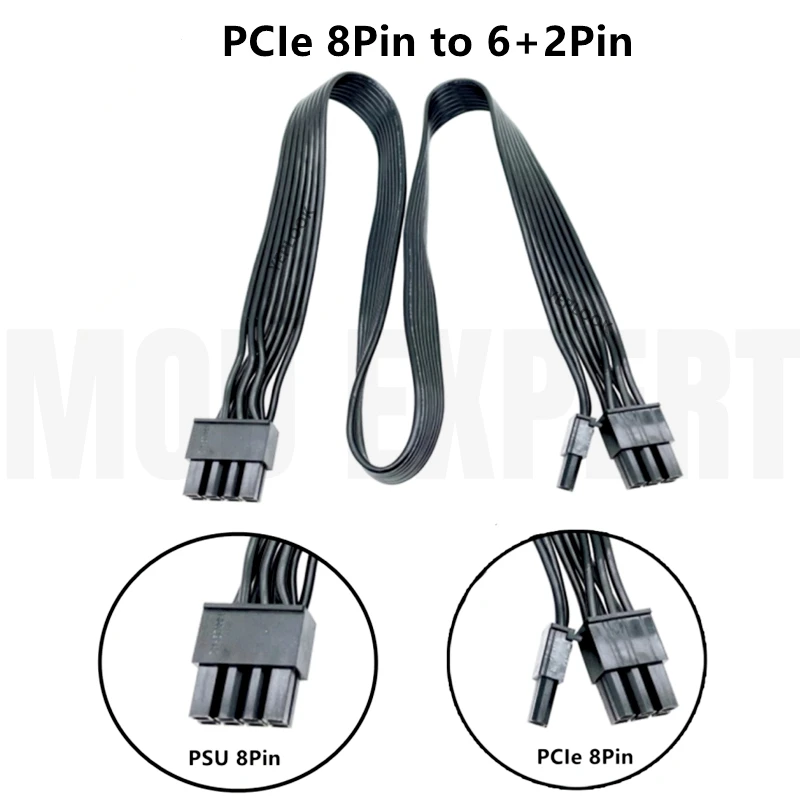 PCIe 8Pin 6+2Pin for Seasonic X Series 1250W, 1050W, 850W, 750W, 650W Modular Power, VGA GPU Power Cable, Flat Cable, 60CM 18AWG