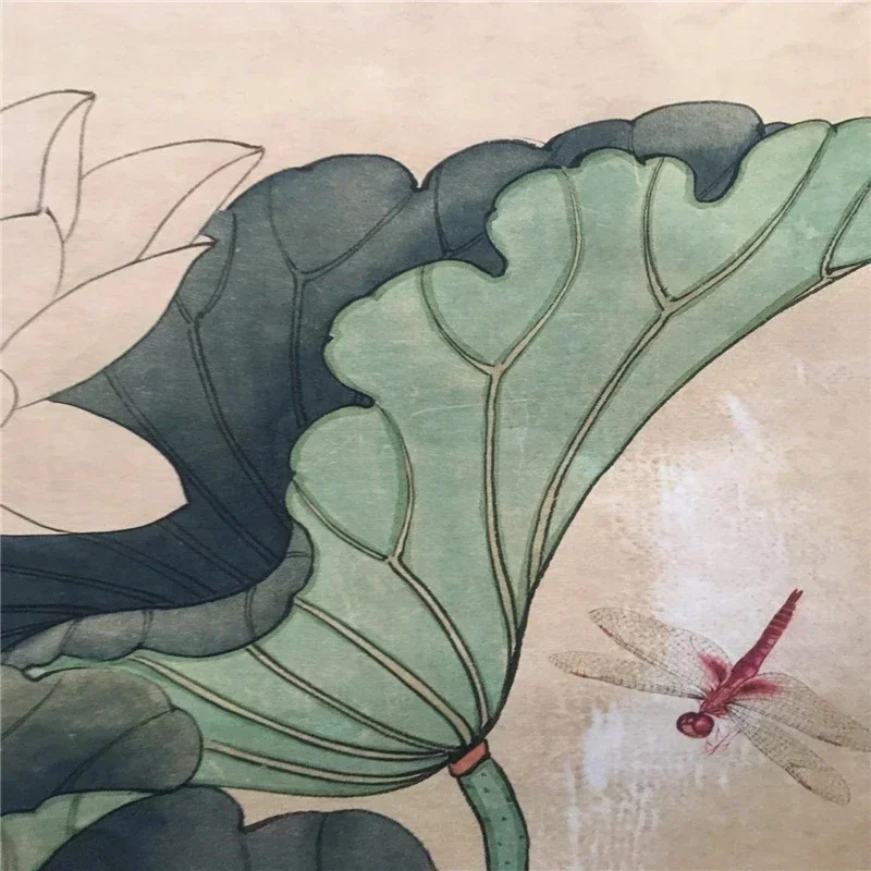 Chinese Old Scroll Yu feidark - Dragonfly of Lotus Pictures Painting Rice Paper Painting Slice
