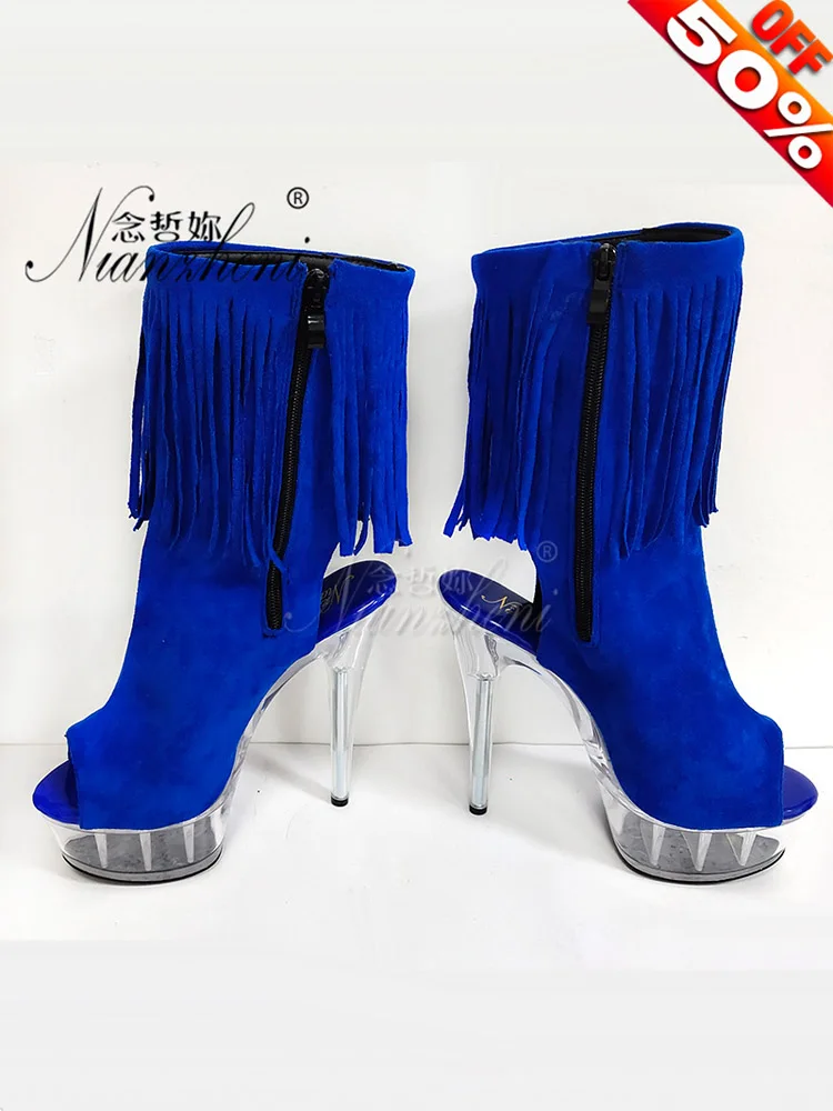 6-Inch Pole Dance Ankle Boots with Lace-Up Platform 15cm Sexy Fetish Stripper Heels Fringe Gladiator Exotic Nightclub Flock