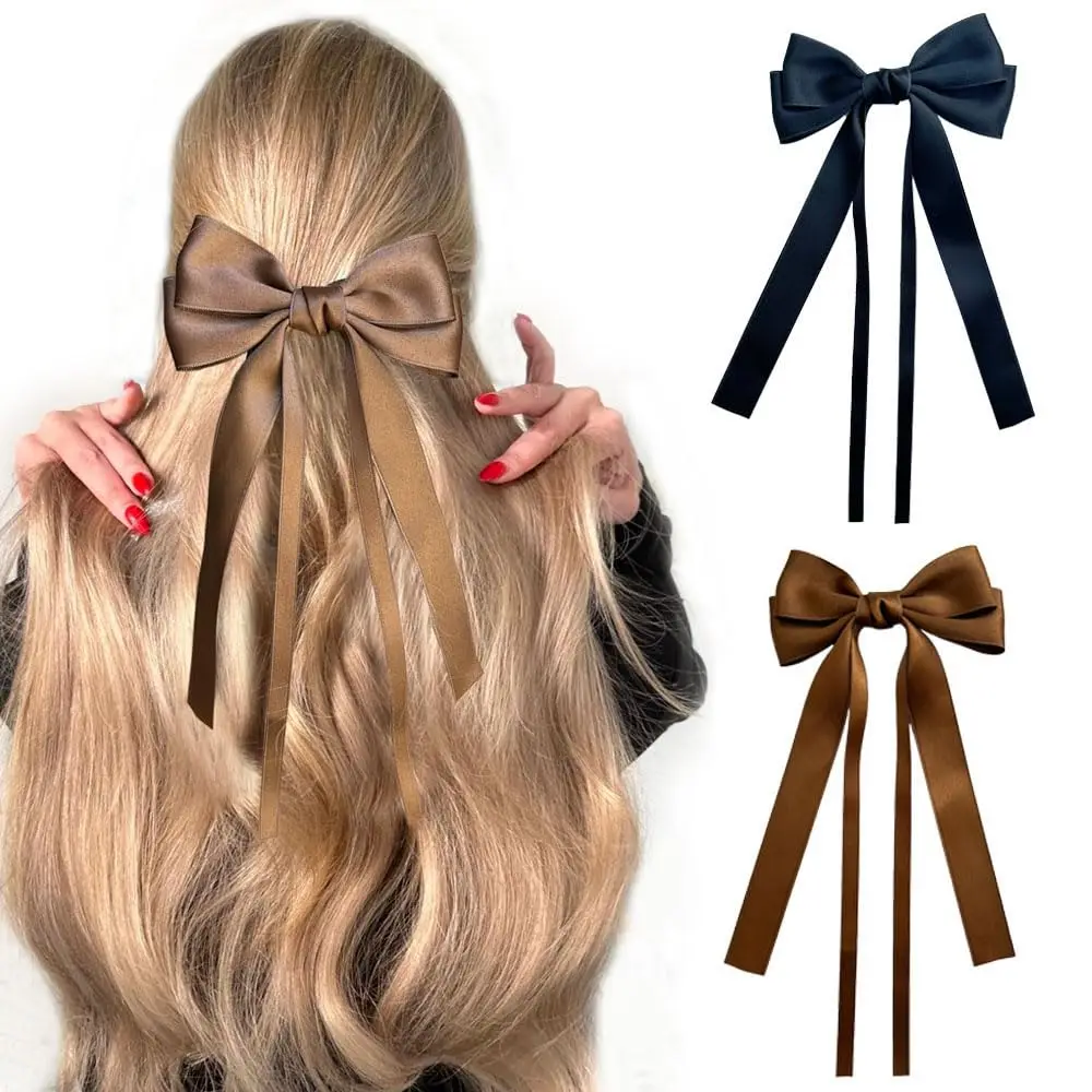 Lystrfac Korean Solid Color Ribbon Double Bowknot Hair Clips for Women Girls Big Bow Long Tassel Barrettes Hair Accessories