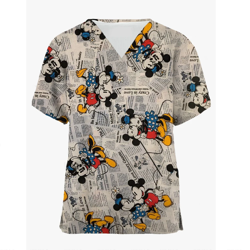 Mickey T Shirts Disney Tops Hospital Top Women 2024 V Neck T-shirts Minnie Mouse T-shirt Nurse Uniform Woman Clothes Pocket Tees