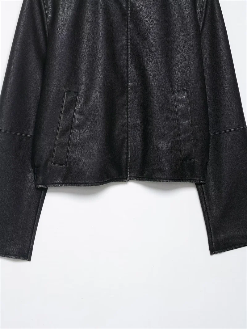 Nowa damska kurtka ze sztucznej skóry na jesień i zimę, czarna, ukryte guziki, podwójne kieszenie, styl motocyklowy z klapami.