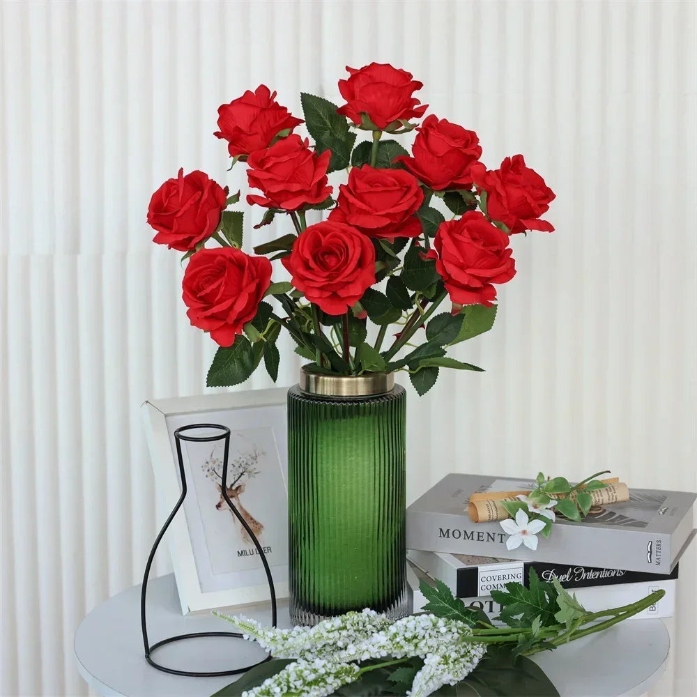 10 Stück/100 Stück weiß rot Einzelzweig künstliche Rose grüne Blätter Blumenstrauß Blumen Valentinstag Geschenk Flor künstliche HY2566