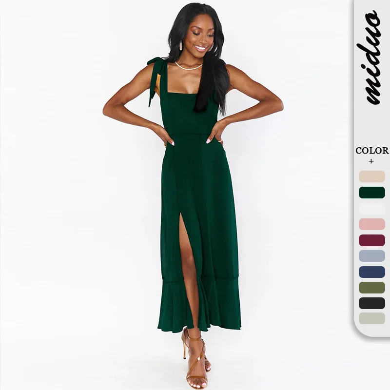 

New European and American style shoulder straps for women's fashionable and generous dress with split ruffle edge skirt