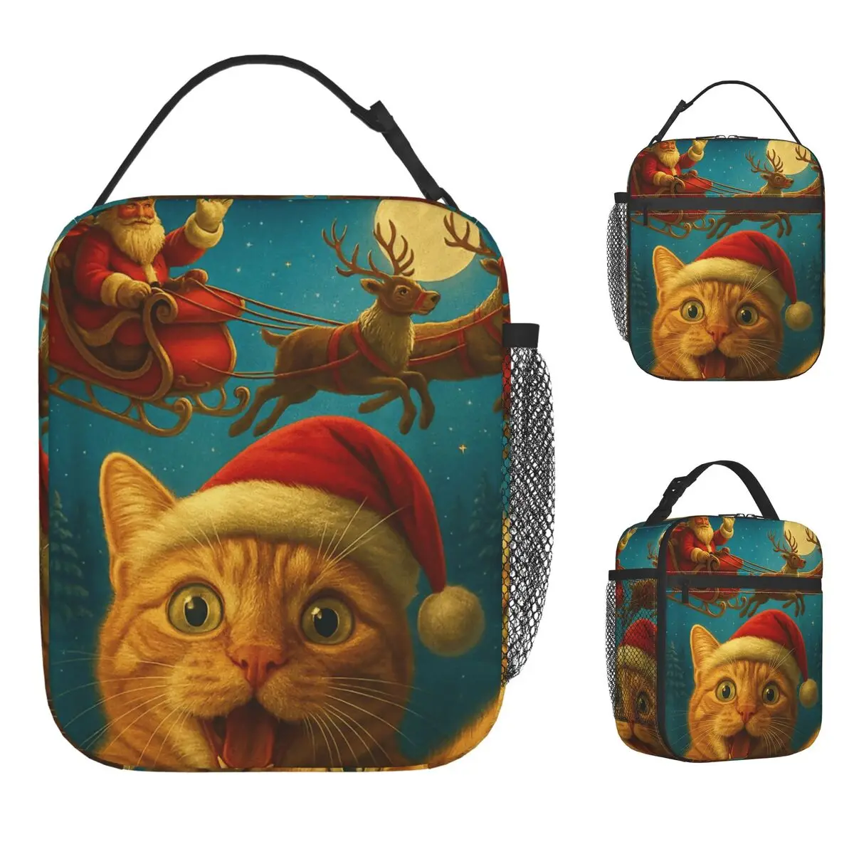 고양이 산타와 셀카 도시락 가방 어린이 그래픽 패션 학교 휴대용 절연 옥스포드 열 쿨러 도시락 상자 토트 핸드백