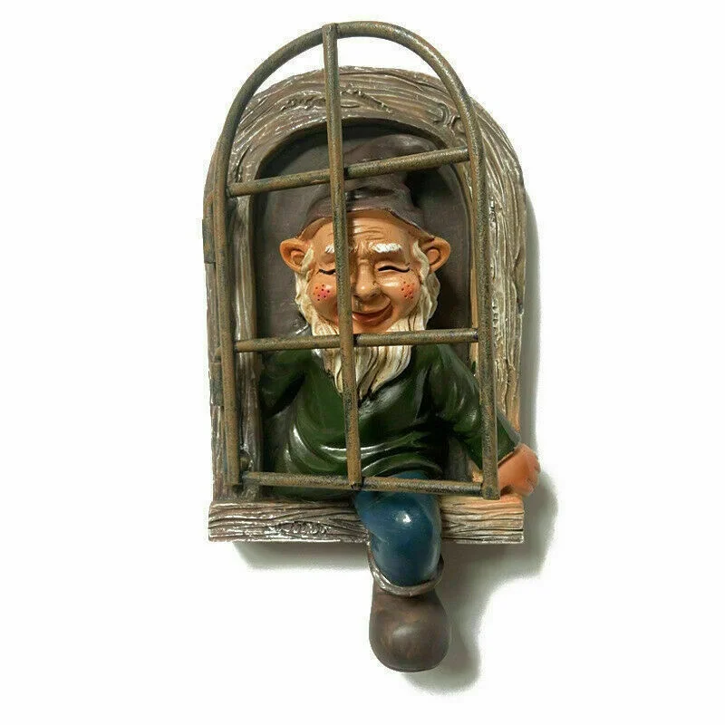 Elf Out The Door /Window Tree Hugger Naughty Garden Gnome Statue Tree Decor