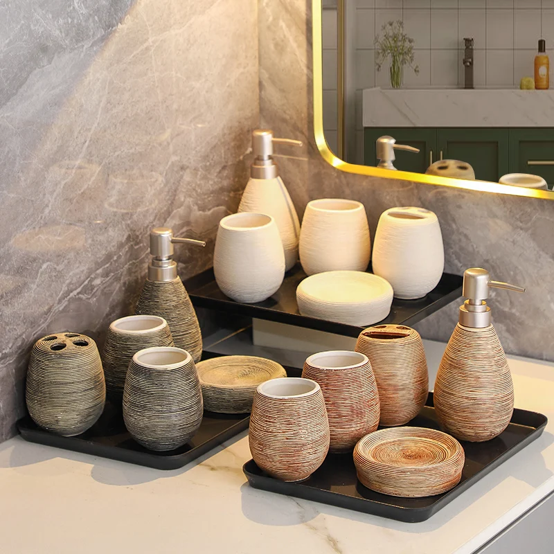 Vintage Bathroom Shower Gel Bottle Toothbrush Holder Mouthwash Cup Japanese Style Bathroom Ceramic Hand Sanitizer Bottle