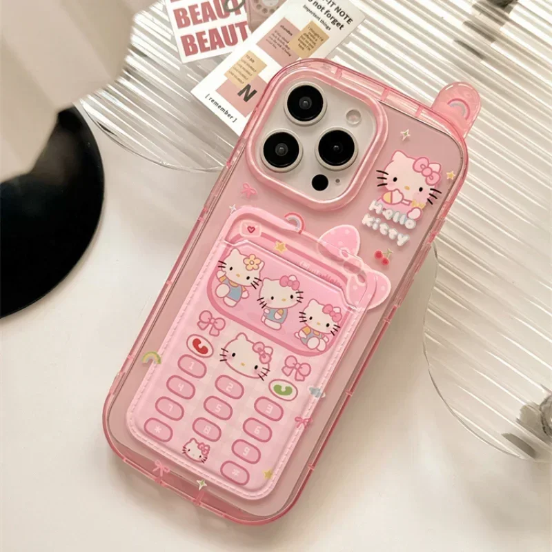 3D Cute Cartoon Sanrio Hello Kitty Card Wallet Pocket Phone Case For iPhone 15 14 13 12 11 Pro Max Clear Soft TPU Cover