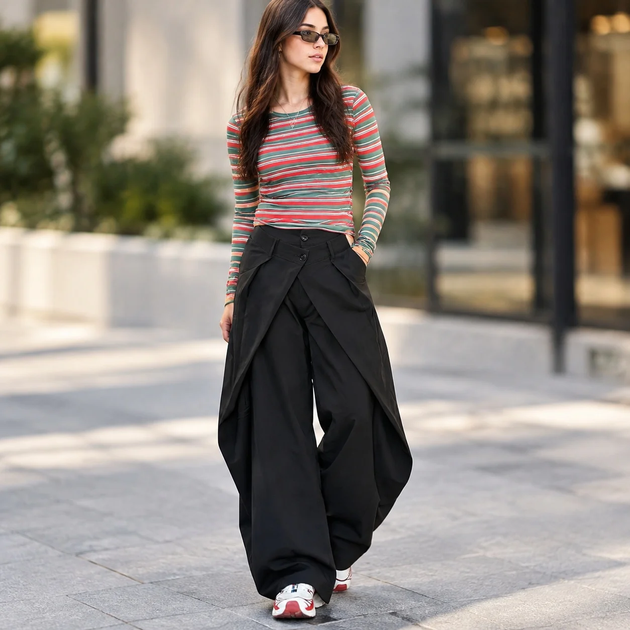 Long Length Designer Layered Look Pants High Waist Cross over with Regular Thickness Loose Fit Casual Women Pants Summer