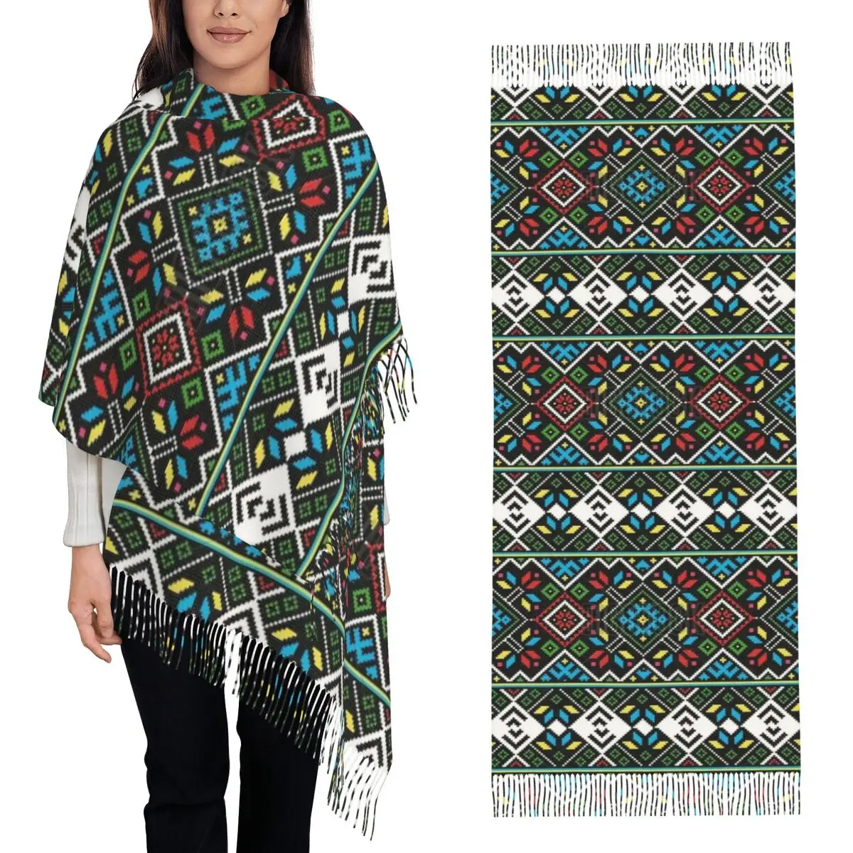 Traditional Romanian Ukraine Boho Bohemian Geometric Scarf Tassel Scarves for Women Shawls and Wraps Long Fall Winter Shawl Wrap